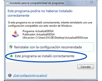 At the end of the installation a message saying “This program might not have installed correctly” will appear.