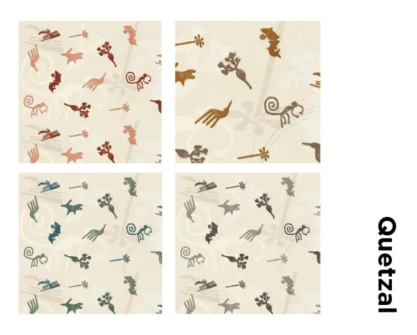Plantilla de colores de la colección Polynesia con tejido Quetzal de Fama Sofás, un estampado exclusivo de inspiración natural y artística disponible en distintas combinaciones cromáticas.