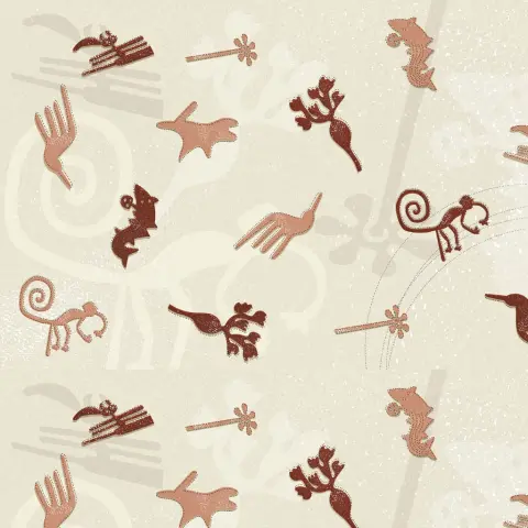 Diseño del tejido Quetzal de la colección Polynesia de Fama Sofás, con estampado artístico de inspiración natural en tonos rojizos y rosados sobre fondo claro.