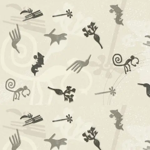 Diseño del tejido Quetzal de la colección Polynesia de Fama Sofás, con estampado artístico de inspiración natural en tonos grises y negros sobre fondo claro.